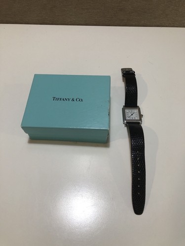 8" VTG AUTH Tiffany & Co. Women's Square SS - Black Dress Watch Lizard Strap