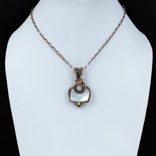 Natural Mother Of Pearl Rainbow Moonstone Copper Wire Wrapped Handmade Pendant - Picture 6 of 6