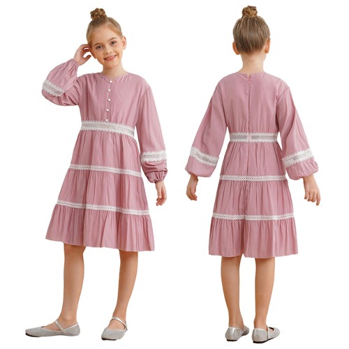 Girls Outfit Long Sleeves Dress Back To School Outwear Summer V-neck Picnic - Picture 7 of 66