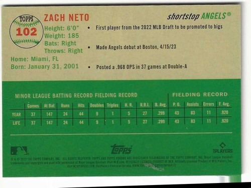 2023 Topps Chrome Platinum Anniversary - Zach Neto #102 Blue Refractor /199 - Picture 2 of 2