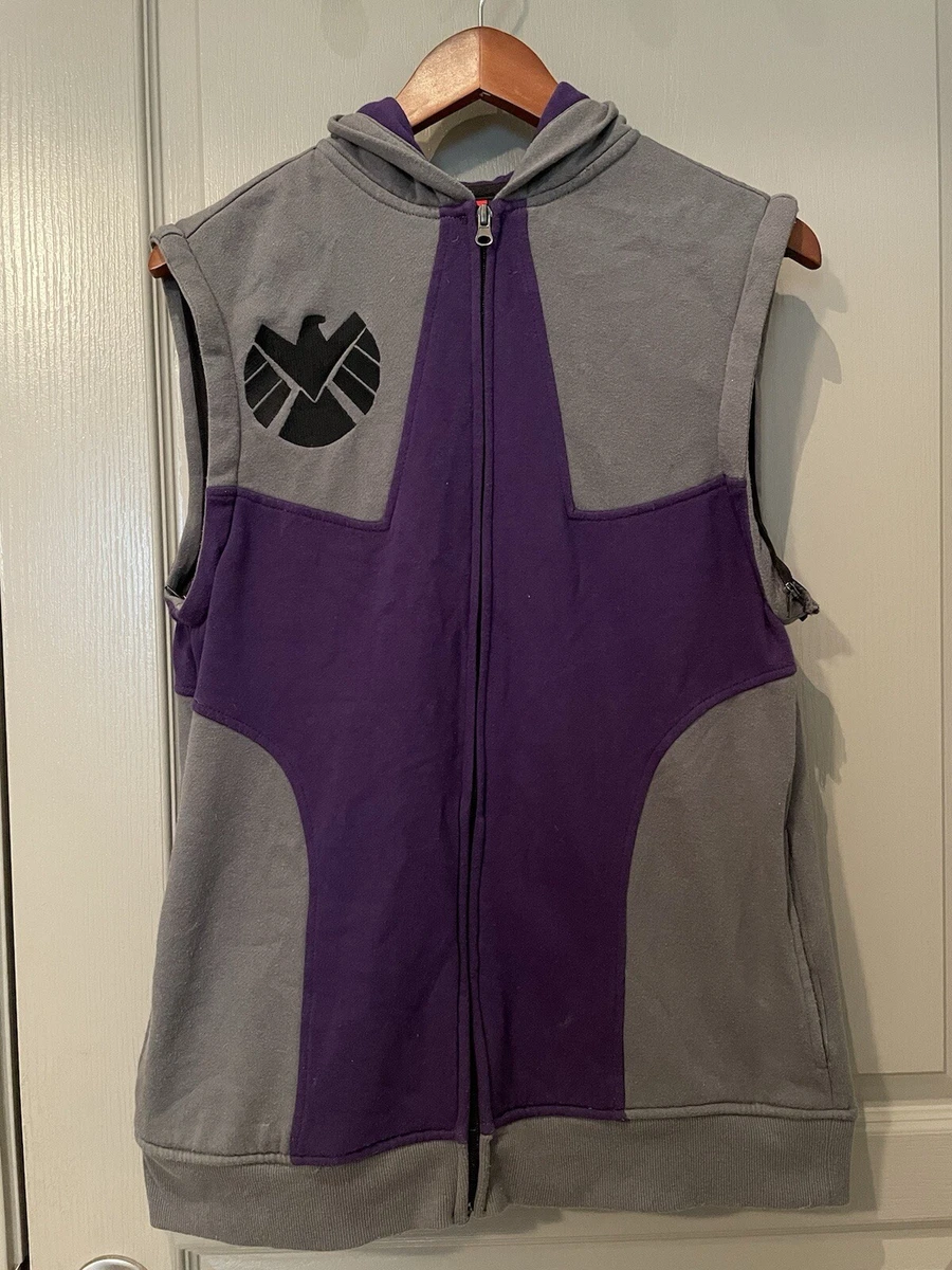 Suéter con Capucha Vintage Marvel Mad Engine Ojo de Halcón Gris Púrpura Cremallera Para Hombres Mediano