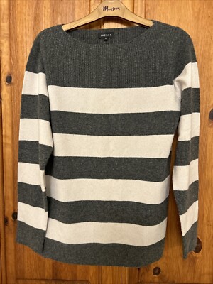Jaeger Wolle Kaschmir Pullover Grau Gestreift Schlitz Ausschnitt Langarm Damen Medium