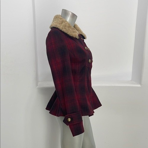 Elevenses Women’s Plaid Double-Breasted Wool Jacket with Faux Fur Collar Size 2 - Picture 5 of 11