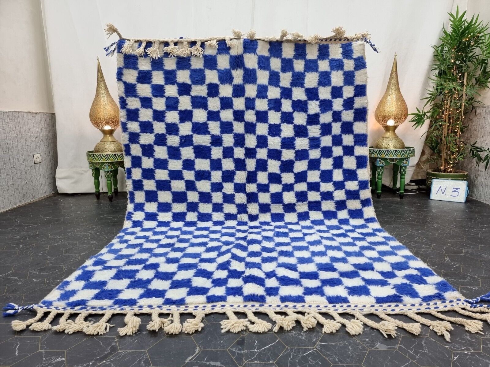 Beni Ourain Moroccan Handmade Rug 5'4"x7'5" Checkered Berber Blue Wool