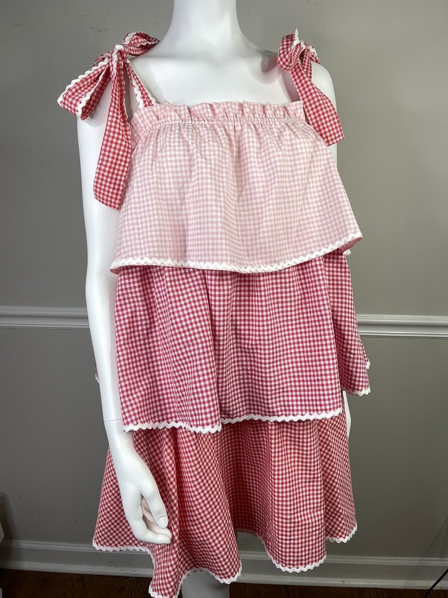 English Factory Dress Checkered Small Layered Ruffle Tie Straps 3 Tier  Babydoll | eBay