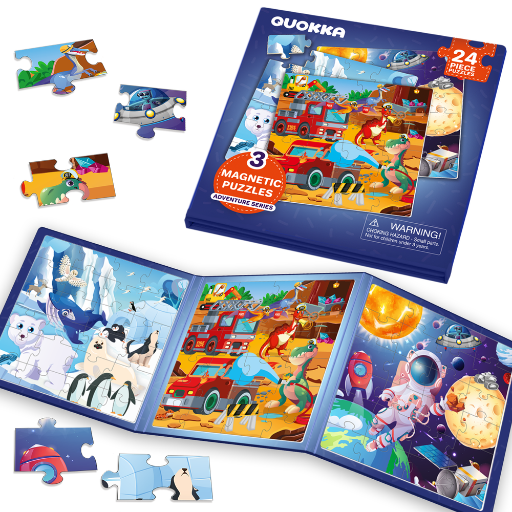 QUOKKA 24 Pieces Magnetic Travel Puzzles for Toddlers 3-5 | Space, Dinos & Polar