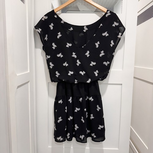 Forever 21 Cat Mini Dress Small Black Drop Waist Kitten Sheer Blousen White Cats - Picture 6 of 7