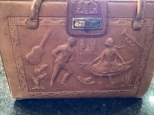 Vintage Mexican Leather Hand Tooled Purse - Dancing Scene /Mayan Calendar