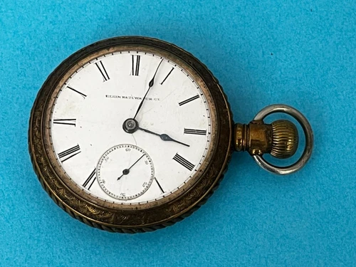 Antique elgin pocket watch w Keystone rolled gold plated case with elk on back