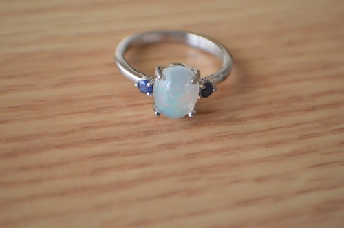 1.24ct Ethiopian Welo Opal / Ceylon Sapphire Ring Platinum over Fine Silver Sz 7 - Picture 8 of 9