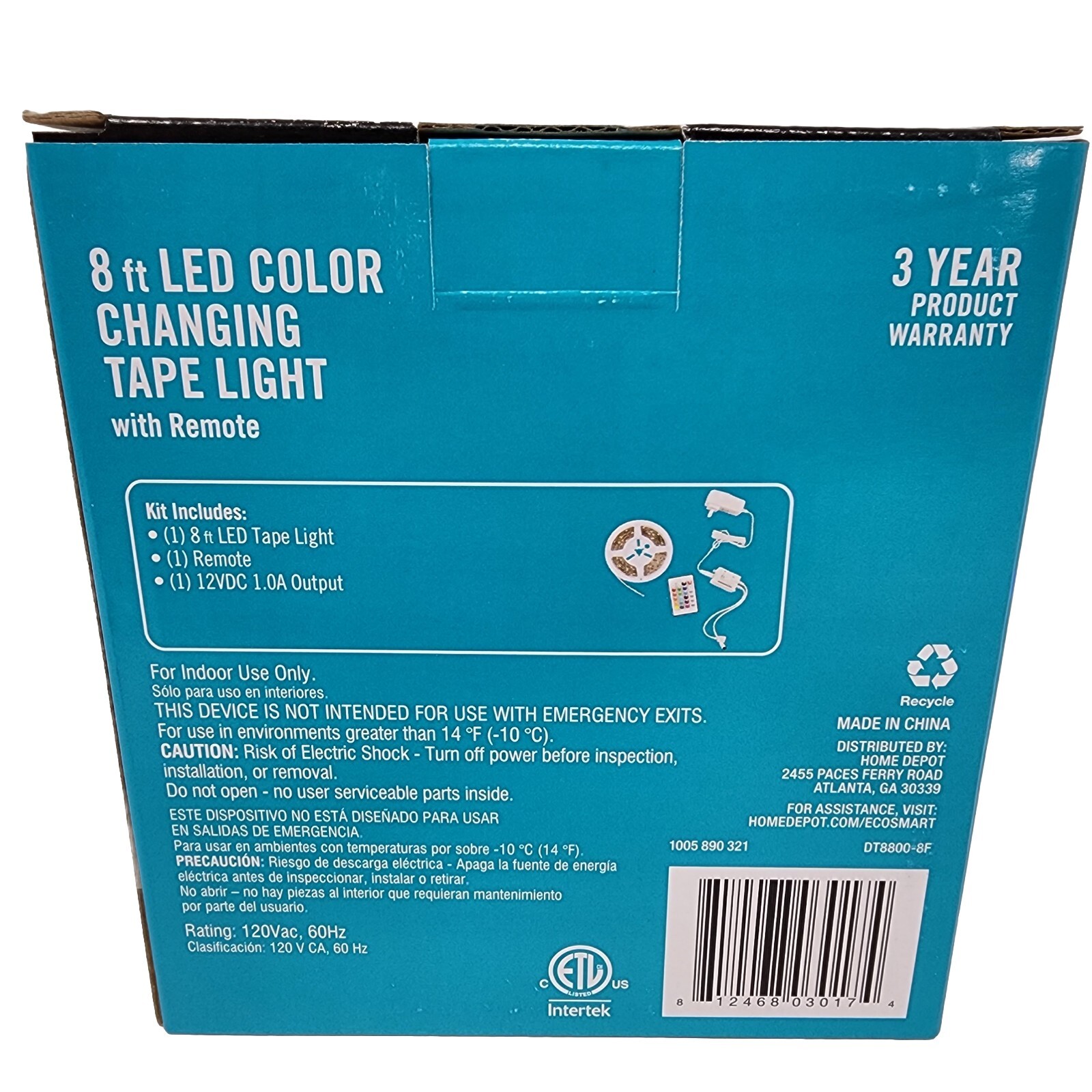 EcoSmart 8 ft RGB Color Changing Tape Light with Remote LED Strip Light