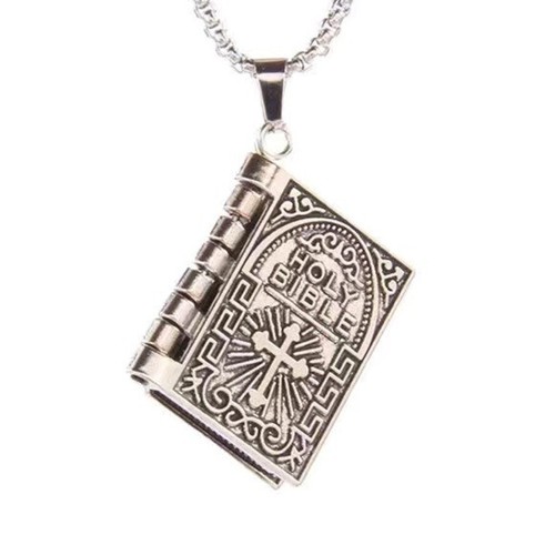 Bible Necklace 4 Pages Turnable Lords Prayer Pages 27” Box Chain Silver Tone - Picture 5 of 15
