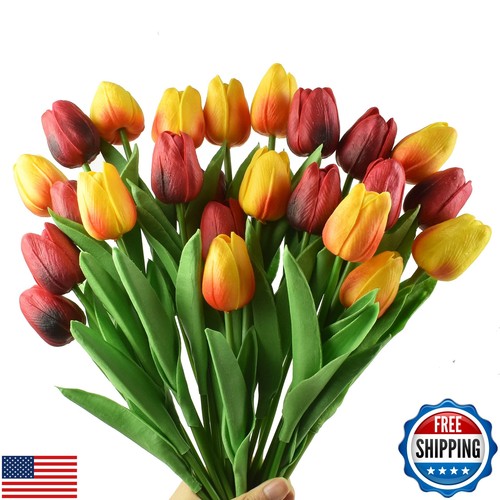 WISTART 24pcs Artificial Tulips Flowers Fake Faux PU Tulip Bouquet Real Touch