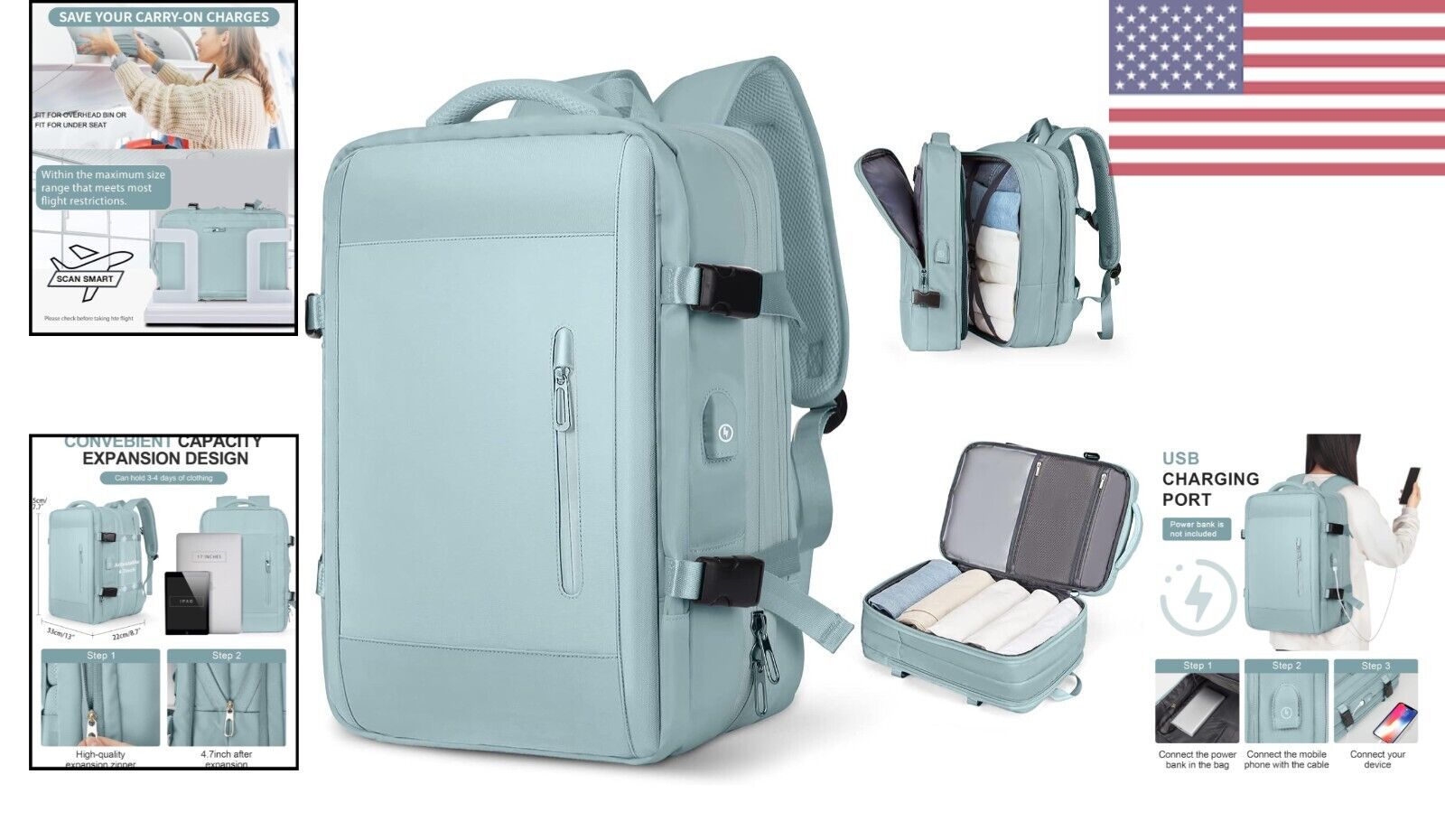 Durable Waterproof Travel Backpack - 40L Capacity, Flight Approved - Light Blue