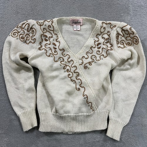 VTG Jaclyn Smith Sweater Women's M Ivory Gold Embellished Metallic Beaded V Neck