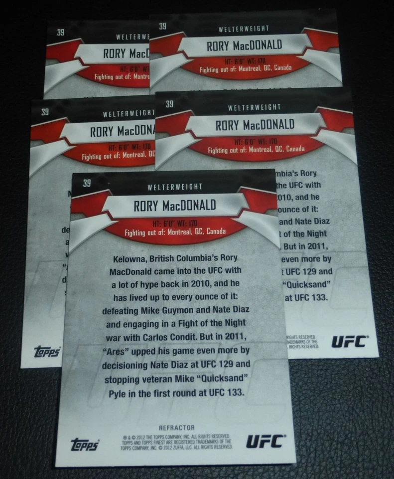 Rory MacDonald 2012 Topps Finest UFC Refractors Card #39 115 129 133 145 167 Fox - Image 4 of 4
