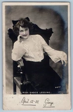 Miss Madge Lessing British Actress Smiling Sat On Chair RPPC Photo Postcard