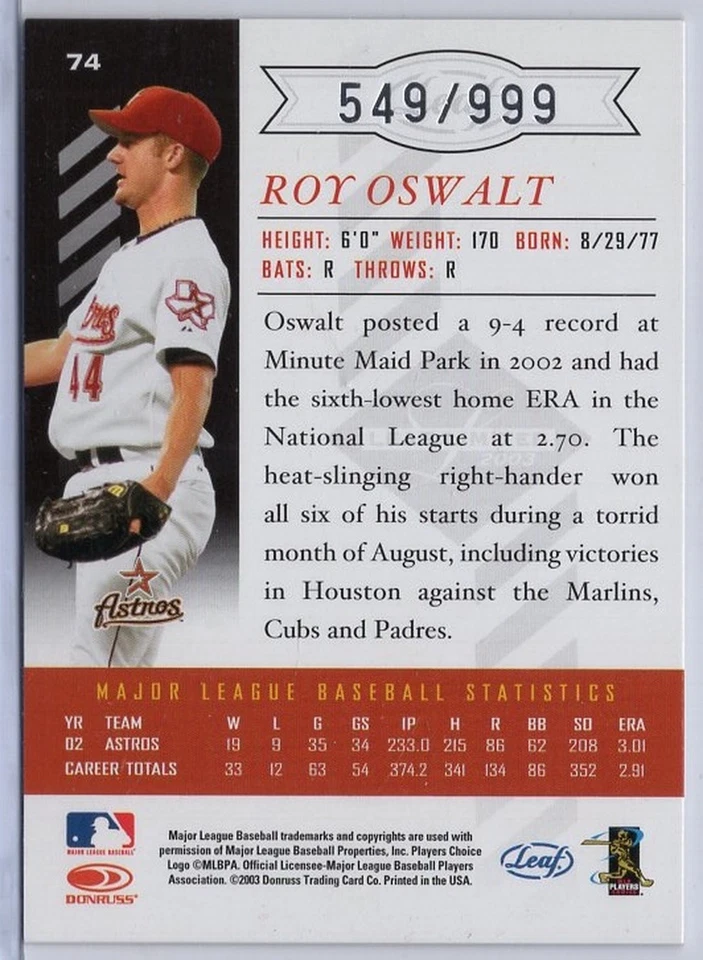 2003 Leaf Limited #74 Roy Oswalt #'d 549/999 - Image 2 of 2