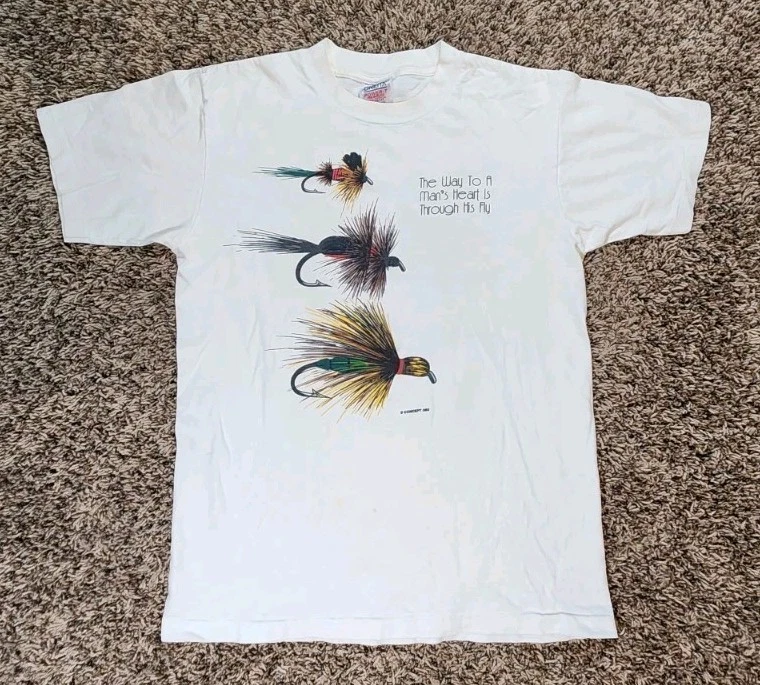 VTG 90’s Fly Fishing Shirt Sz M White The Way To A Man's Heart Through Fly SS