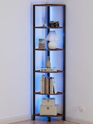 LED Corner Shelf Organizer - 6 Tier Tall Metal & Wood Display Unit