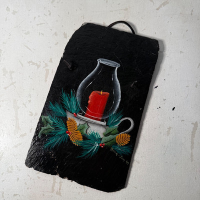 VTG Folk Art Hand Painted Christmas Candle Cottagecore Shingle Roof Tile SIGNED