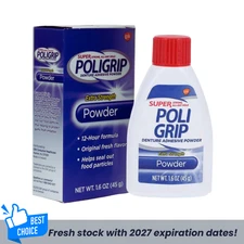 1-PK Super Poligrip Adhesive Powder for Dentures 1.6 oz - Strong Hold  Zinc-Free