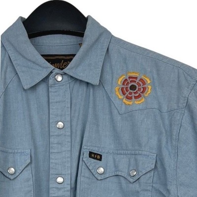 Howler Bros Gaucho Snapshirt Mens M Crosscut Floral Blue Short Sleeve Chambray