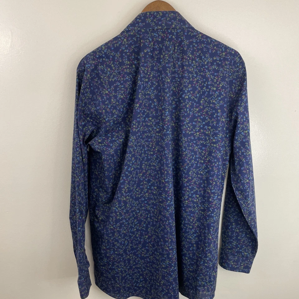 J. Ferrar Slim Stretch Shirt Mens L Blue Floral Print Long Sleeve Button Casual - Image 2 of 4