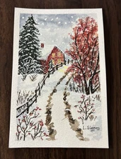 Small Watercolor Painting By L Simmons Winter Scene Size 4x6