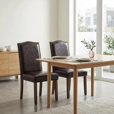 Elegant Faux Leather Dining Chair Set (2) - Dark Brown for Kitchen/Living Room