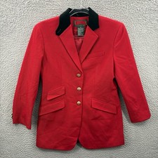 Vintage Lauren Ralph Womens Blazer 2P Red Gold Crest Button Black Velvet Collar