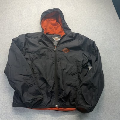 Harley-Davidson Black Orange Hooded Windbreaker Jacket Small Full Zip
