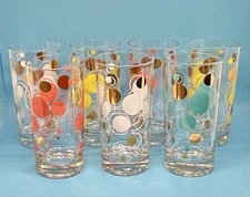 Set 7 Culver MCM Highball Glasses Atomic Circles Gold Dot 1960s