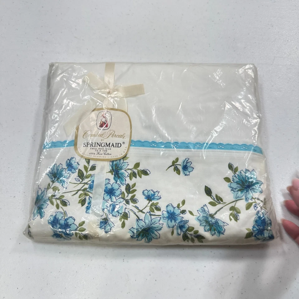 vintage springmaid flat sheet twin blue floral blend mcm retro 70s NOS usa - Image 2 of 4