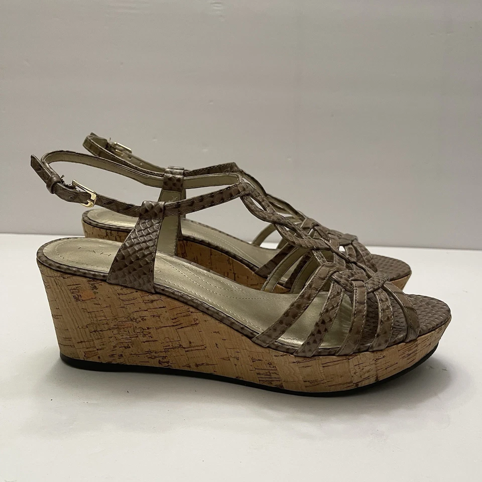 Tahari Star Cork Wedge Platform Tan Snakeskin Sandal Women’s 8 M Shoes Open Toe - Image 2 of 4