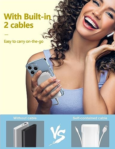 10000mAh Portable Phone Charger with Built-in 2 Cables, Small Slim Mini Power - Picture 3 of 7