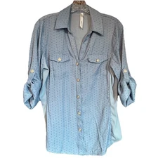 NY Collection Blouse Sz Large Button Up Roll Tab Blue Black Dots Career Stretch
