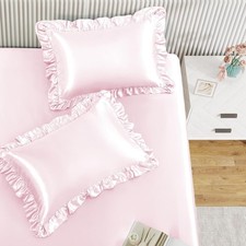 3-Pieces Ruffle Pillow Case Satin Fitted Sheet Set, Blush Pink Full Satin