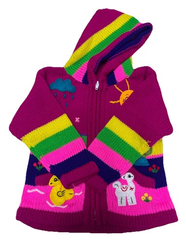 Kids Alpaca Knit Hooded Zip Up Sweater Pink Hand Embroidered Size 4 (3-5) Peru - Picture 3 of 17