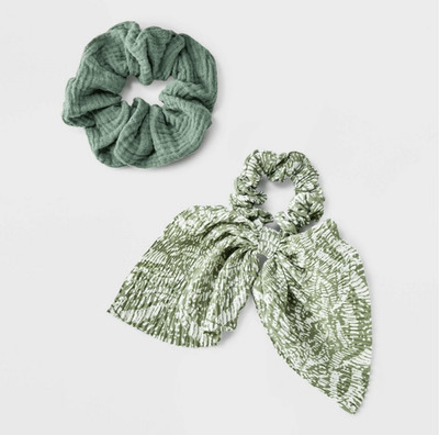 Universal Thread Green Crinkle Hair Scrunchie Twisters with Tail Set 2pc New