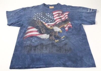  Y2K The Mountain Blue Bald Eagle USA Flag Graphic T-Shirt Adult Size XL