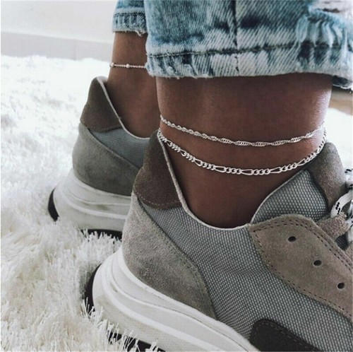 4pcs Silver Ankle Bracelet Women Anklet Adjustable Chain Foot Beach Jewelry - Picture 4 of 12