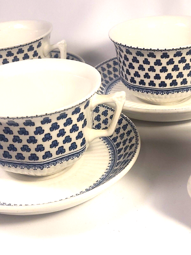 4 teacups & creamer Adams English Ironstone Brentwood Blue Clover Wedgwood - Picture 7 of 17