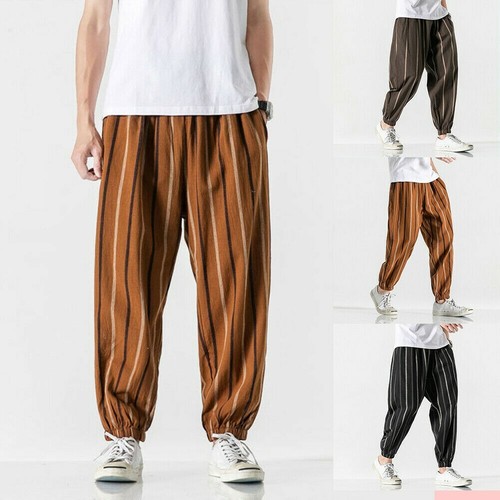 Uomo Cotone Lino Pantaloni Capri a Righe Elastico Vita Affusolati da Corsa  | eBay