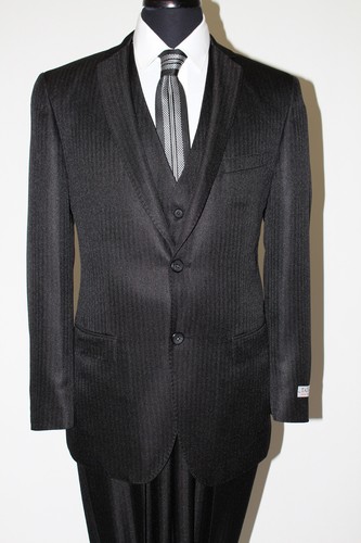 Men's Solid Herringbone 2 Buttom 3 Piece Vested Flat Front Pants Slim Fit Suit - Picture 11 of 29