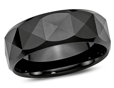 Mens 8mm Faceted Black Ceramic Wedding Band Ring