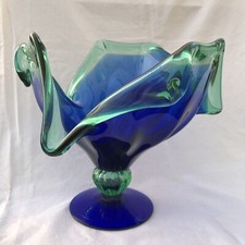 Vintage Blue Green Wavy Draped Scalloped Flowering Murano Glass Bowl Vase Art
