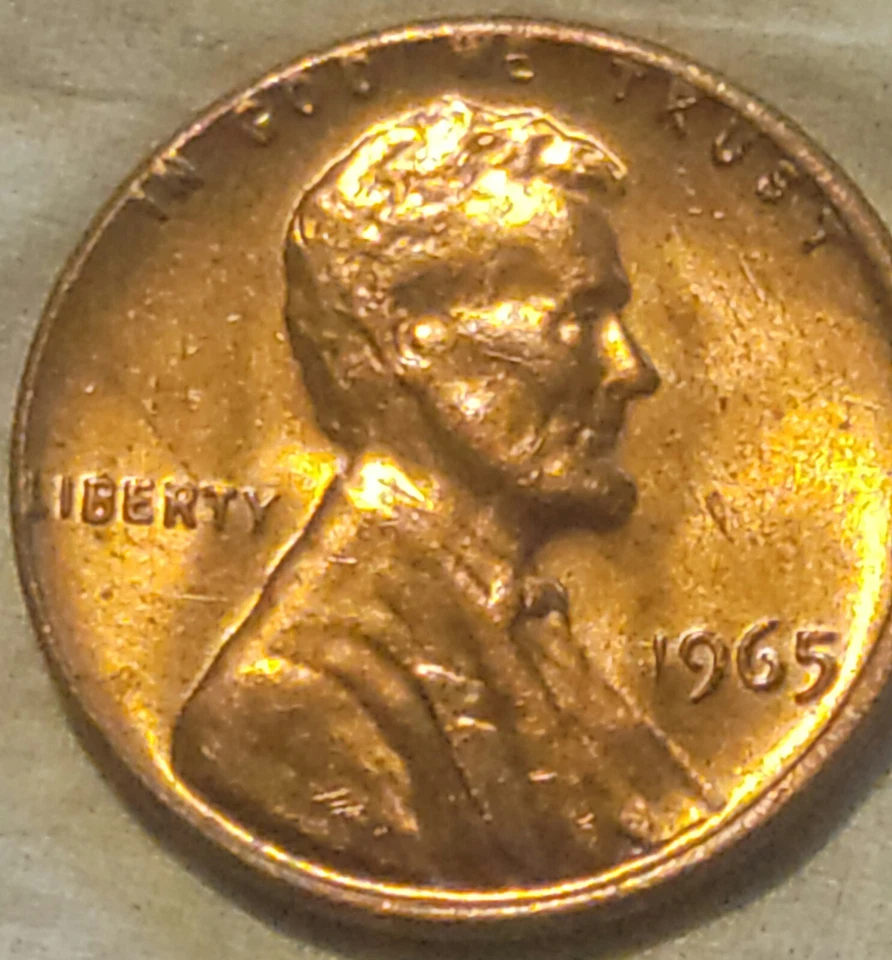 Lincoln Penny 1965 excelente estado "sin marca de ceca" -- raro error de llanta Foto 2 de 3