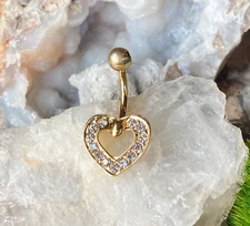 Gold Heart Paved CZ Gem Belly Ring Navel Piercing Pierced Naval Body Jewelry