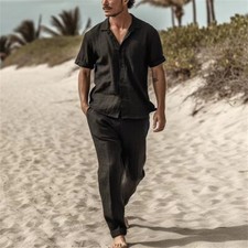 Men Summer Outfit 2-Piece Set Short Sleeve Shirt and Pants Sweatsuit Set